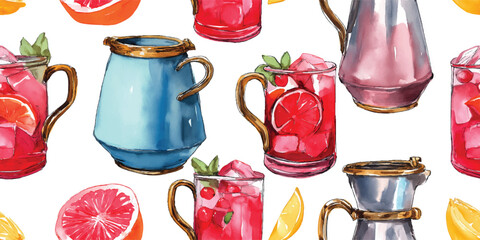 Colorful Sangria Pitchers and Grapefruit Slices eamless Pattern. Vibrant Summer Drink Design for design, textile, packaging, fabric, wallpaper, branding, stationery, wrapping paper interior decor.