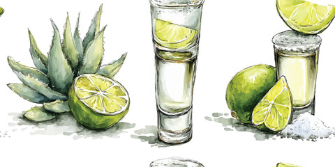 Tequila Shots with Limes and Agave Plants Seamless Pattern. Vibrant Mexican Spirit Composition for design, textile, packaging, fabric, wallpaper, branding, stationery, wrapping paper interior decor.