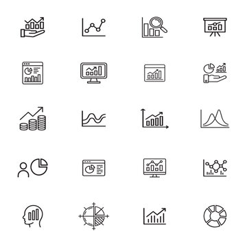 Vector Icon Set of Data Analytics Symbols . Adjustable Line Weight with Chart, Graph, Analysis, Report, Growth, Trend, Statistics, Pie Chart, Bar Graph, Line Graph, Scatter Plot, Dashboard