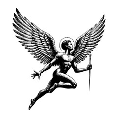 flying afro angel engraving black and white outline. Scratch board imitation.