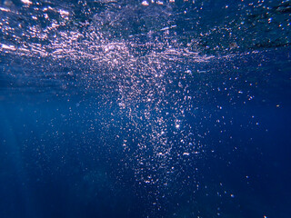 Air bubbles underwater rising to water surface, natural scene, bubbles under water, bubble...