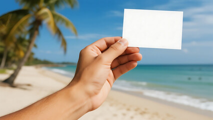 blank business card mockup on white screen, credit card mockup, a man holding hand white blank card against a sunny blue sky with tropical beach and palm trees background