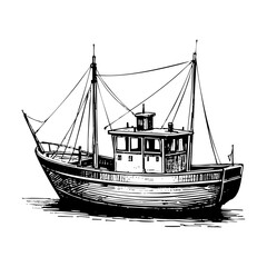fishing boat sketch engraving black and white outline. Scratch board imitation.