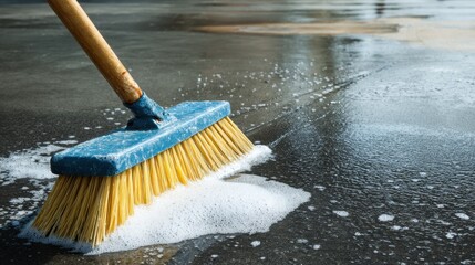 High-Quality Stock image of spring cleaning of a modern house driveway, scrubbing a dark concrete block floor with a foam detergent and water using a close-up image of a broom.