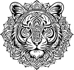 Tiger face in mandala tattoo style, intricate black line vector pattern