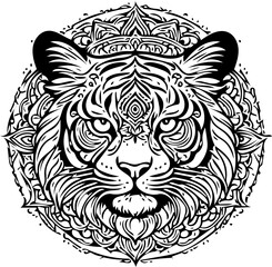 Tiger face in mandala tattoo style, intricate black line vector pattern