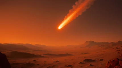 Gardinen Bright meteors illuminate the Martian landscape at dusk, casting shadows on rocky formations. The event showcases the beauty and ruggedness of Mars in a stunning celestial display © ChaoticDesignStudio