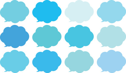 青い雲の形をしたモコモコの吹き出しセット。田１２色の青色のふきだし。使いやすいセット。