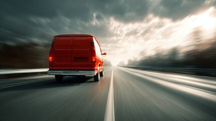 Fototapeta premium High-Quality Stock image of rear view of red van, speeding down bright highway.
