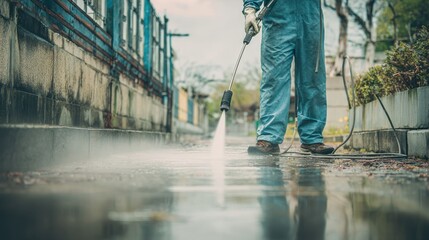 Obraz premium High-Quality Stock image of professional worker using pressure washer, exterior cleaning, sidewalk, water spray, working outdoors, cleaning concept.