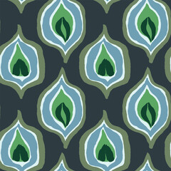 Seamless vector repeat pattern with abstract peacock ogee oval shapes. Boho style simple hand drawn geometric pattern in navy, green, white. Gender neutral surface and textile design for versatile use