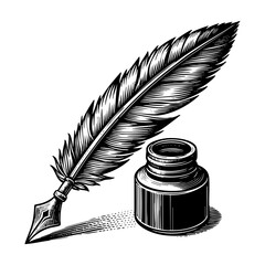 quill pen and inkwell sketch engraving black and white outline. Scratch board imitation.  illustrated in vintage line art style on a white background.