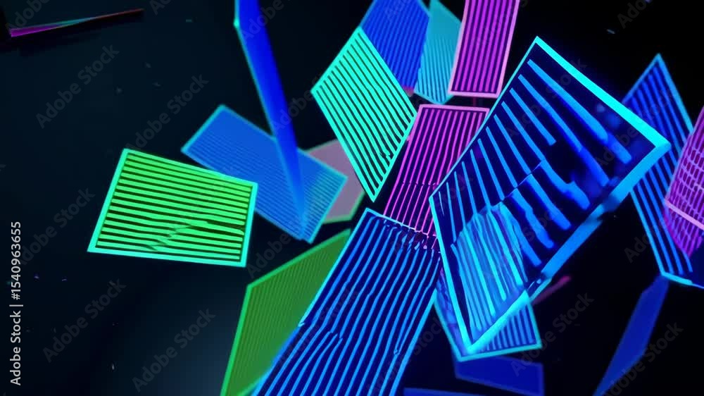Poster abstract video with a dynamic top-down angle, showcasing glowing blue squares with striped patterns 
