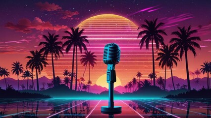 Vaporwave Stage with Neon Microphone, Palm Trees, Sunset, and Grid Floor

