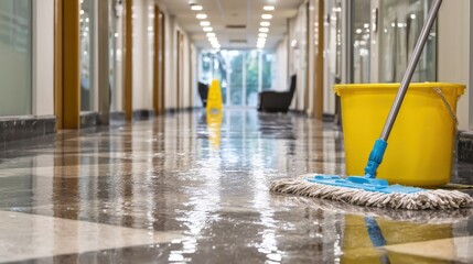 High-Quality Stock image of mop cleaning wet floor in office hallway.
