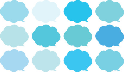 青い雲の形をしたモコモコの吹き出しセット。田１２色の青色のふきだし。使いやすいセット。