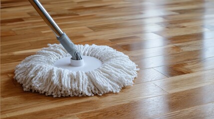 High-Quality Stock image of modern white mop cleaning shiny wooden floor from dust.