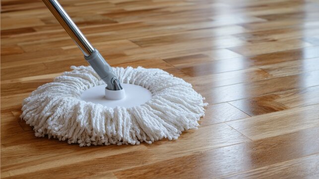 High-Quality Stock image of modern white mop cleaning shiny wooden floor from dust. - Powered by Adobe