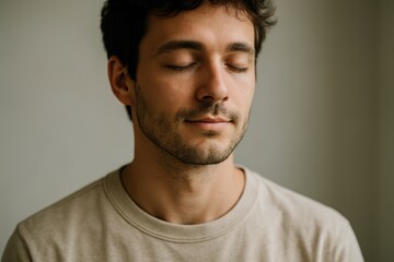 Fototapeta premium Relaxed Young Man Calm Peaceful Expression Portrait