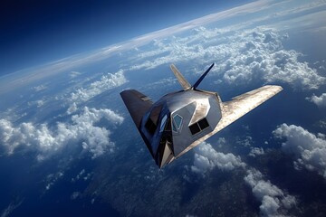 Naklejka premium Stealth bomber soaring through the atmosphere, a symbol of advanced military technology and strategic air power, with clouds scattered below