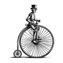 Obraz premium Gentleman riding penny farthing bicycle sketch engraving black and white outline. Scratch board imitation. illustrated in vintage line art style on a white background.