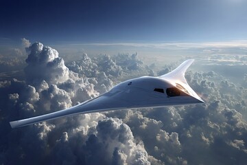 Futuristic hypersonic aircraft soaring through a breathtaking blue sky, leaving a trail of white clouds in its wake, showcasing advanced aviation technology and high speed travel