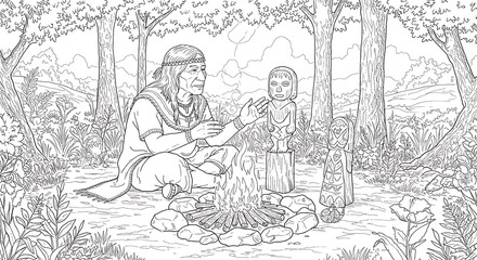 Coloring page with indigenous theme, elderly man sitting near a bonfire
