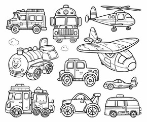 Obraz premium Transportation Coloring Pages – Cars, Trucks, Helicopters, and Planes for Kids
