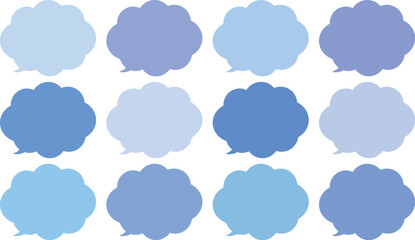 青い雲の形をしたモコモコの吹き出しセット。田１２色の青色のふきだし。使いやすいセット。