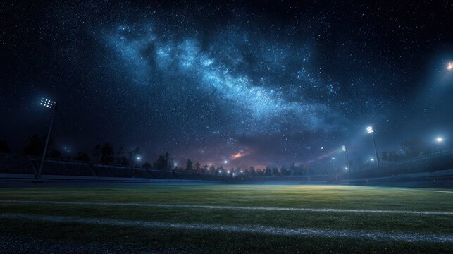 High-Quality Stock image of floodlit football field in stadium under night sky.