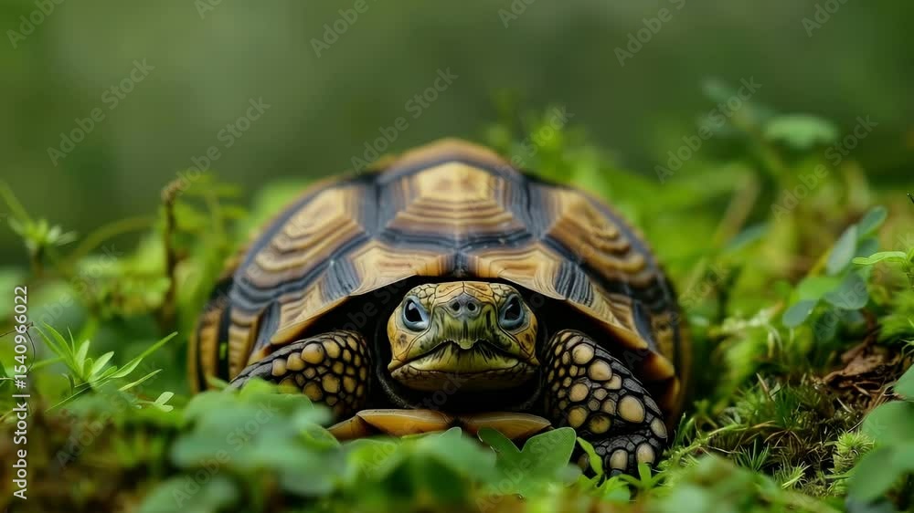 Poster turtle exploring lush green environment in natural habitat during daylight hours