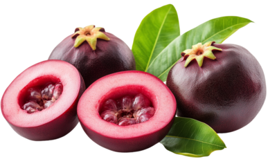 Mangosteen fruit whole and sliced with green leaves isolated on transparent background.