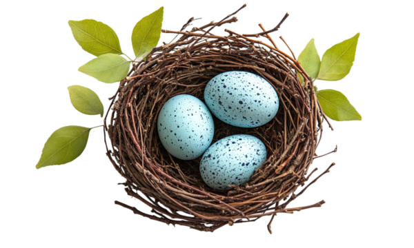 Nest with blue speckled eggs surrounded by twigs and leaves isolated on transparent background.
