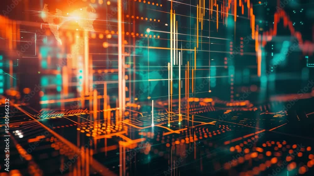 Poster visual representation of data trends and market analysis at night showcasing digital graphs and futu