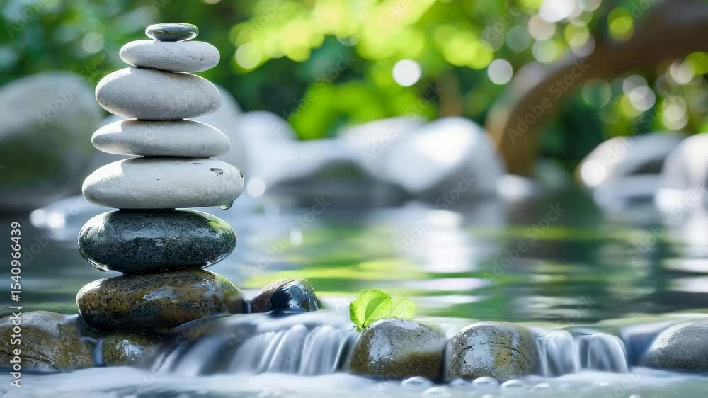 Poster Enjoying tranquility while balancing smooth stones in a serene garden near a gentle stream surrounded by lush greenery on a sunny day