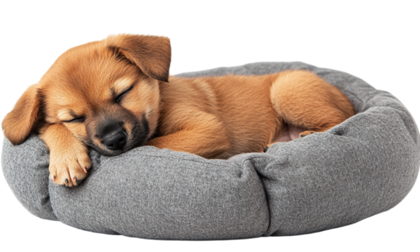 Puppy dog sleeping in a comfortable bed isolated on a transparent background.
