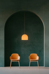 Two orange chairs under hanging lamp in modern interior design
