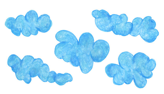 Cute colorful oil pastel drawing turquoise blue fluffy cloud elements. Hand painted with crayon pencils textured clouds for kids print design, patterns, stickers, apps and books decoration