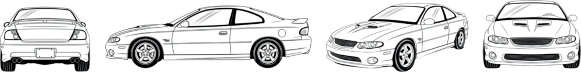 1996 GTO Classic Muscle Car Line Art | 4 Black & White Vector Views: Side, Rear, 3/4 Front & Front

