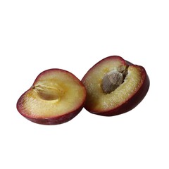 Ripe plum. Fruits, plums on white background. Whole plum and plums