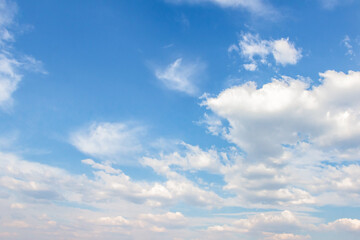 Expansive blue sky filled with fluffy white clouds, creating a serene atmosphere, perfect for backgrounds, design projects, and conveying a sense of tranquility and openness