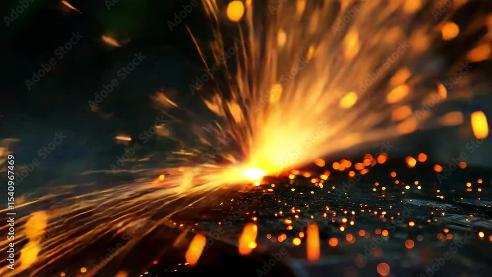 Poster sparks fly during intense metalworking process at workshop demonstrating craftsmanship and skill in 