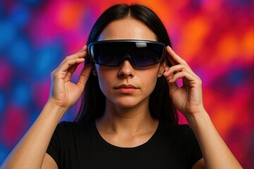 Woman Adjusting Futuristic Smart Glasses Multicolored BG