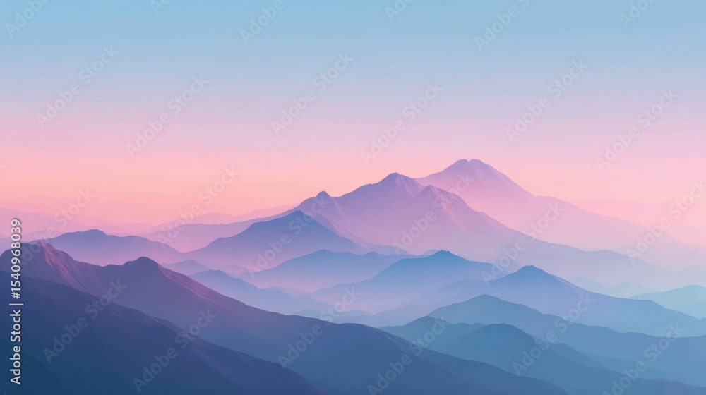 Poster a gradient background with mountains at sunrise, featuring soft colors and a gradient of pink to blu