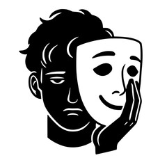 Minimalist Silhouette of Sad Man Wearing Happy Mask – Black SVG Clipart Icon