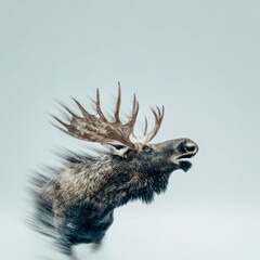 a moose shaking its head dramatically antlers in motion isolated on cold neutral background