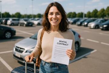 Young Happy Woman Rental Contract Suitcase Car Parking