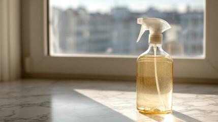 High-Quality Stock image of sleek window cleaning spray bottle on a minimalist white countertop, sparkling clean window in the background, soft natural light, ample copy space on the right.