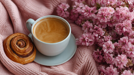 Aesthetic Instagram-style coffee flat lay with pastries and flowers.