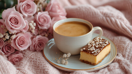 Aesthetic Instagram-style coffee flat lay with pastries and flowers.